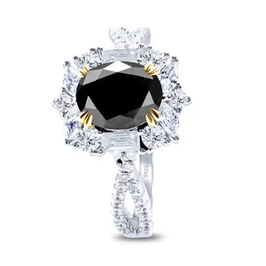 Detailed shot of S925 sterling silver ring with oval black stone and halo cubic zirconia