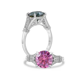 S925 sterling silver rings with teal and pink round cut moissanite stones in a group set