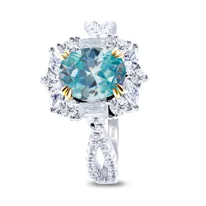 Luxury S925 silver ring featuring a 2CT oval teal gemstone with floral diamond halo