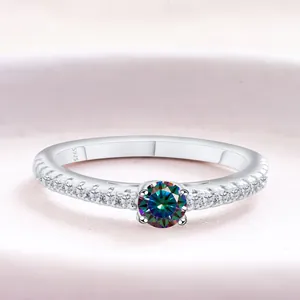S925 sterling silver moissanite ring with classic four-prong setting and rainbow luster