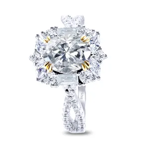 Luxury oval solitaire ring with halo set stones and S925 engraved band detail