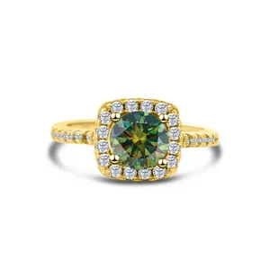 Luxury 925 Sterling Silver Gold Plated 1 Carat Round Moissanite Halo Ring For Women Engagement Wedding Anniversary Fine Jewelry