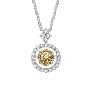 Detail van de champagne moissanite hanger met halo-zetting en zilveren ketting