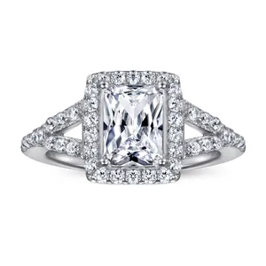 Macro view of a 925 sterling silver ring with rectangular zircon and split shank halo