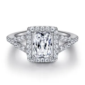 925 sterling silver ring with rectangular halo zircon and elegant crisscross diamond band