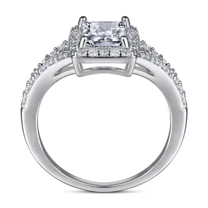Elegant 925 sterling silver halo ring with emerald cut zircon and pave-set crystals
