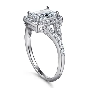 925 sterling silver ring with emerald cut zircon and split shank halo setting