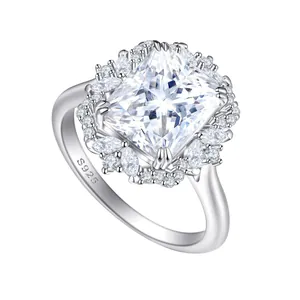 S925 sterling silver ring with a 4-carat rectangle moissanite and cluster diamonds