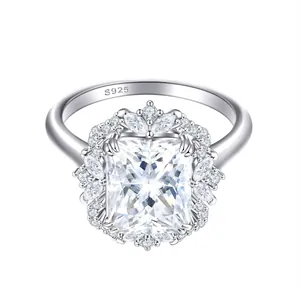 S925 sterling silver ring with 4ct emerald cut moissanite and floral cluster halo