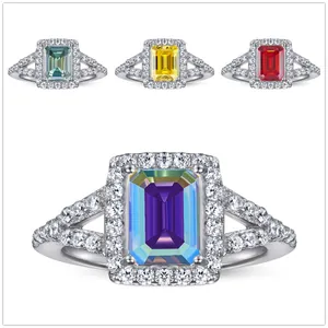 Women 925 Sterling Silver Ring Luxury Emerald Cut Moissanite Halo Engagement Ring Split Shank Zirconia Inlaid Wedding Jewelry Gift