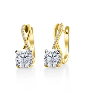 Elegant S925 sterling silver hoop earrings with round moissanite and twisted pavé stones