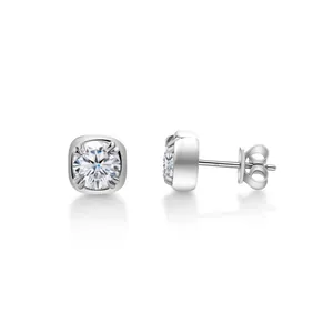 Classic 925 sterling silver square stud earrings with 1 carat round moissanite stone