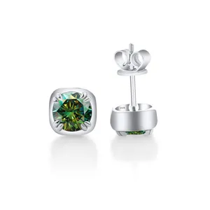 925 Sterling Silver 1 Carat Green Moissanite Square Stud Earrings with 4-Prong Setting