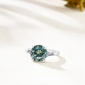 Luxurious 6.5ct blue-green moissanite three-stone silver ring with side baguettes