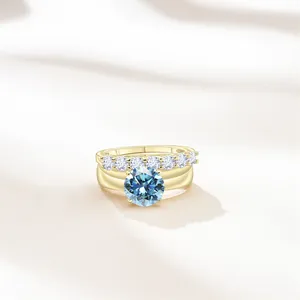 Luxe S925 zilveren ringenset met 2,7ct ronde blauwe moissanite en zijstenen