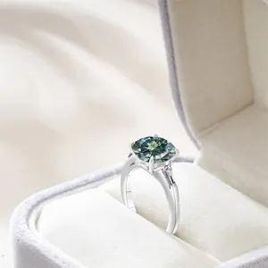 Luxury 5ct blue-green moissanite silver ring set in elegant velvet gift box