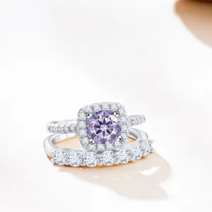 Sterling silver 1.7ct purple moissanite ring set with S925 hallmark and sparkling pavé accents