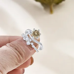 Detail of champagne moissanite wedding set in S925 sterling silver with wave band