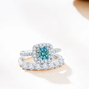 Light blue moissanite sterling silver ring set with S925 hallmark and halo square design