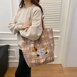 Cute large capacity checkered canvas tote bag with 3D puppy embroidery for women