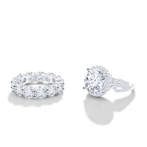 Luxury 12 carat moissanite halo ring set in 925 sterling silver with eternity band