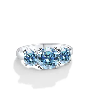 Anello in argento S925 a tre pietre con gemme di moissanite blu da 5CT di qualità
