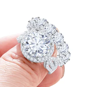 Luxury 12 carat moissanite halo ring set with eternity band in 925 sterling silver