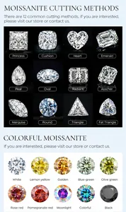Tableau détaillé montrant 12 tailles de moissanite et diverses options de couleurs