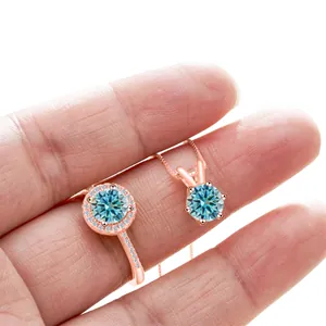 Parure élégante en argent S925 or rose avec bague et collier pendentif en moissanite bleue