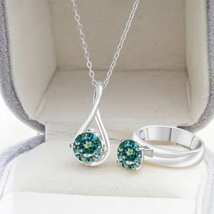 Elegante S925 sterling zilveren ketting en ring set met sprankelende blauwgroene moissaniet
