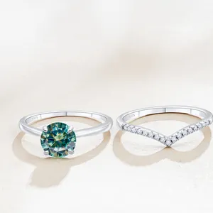 S925 sterling silver blue-green moissanite ring set with chevron diamond band