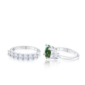 S925 silver luxury bridal ring set with pear cut green gemstone and round diamonds