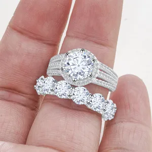 9CT Moissanite rings set with round cut halo solitaire and sparkling side stones