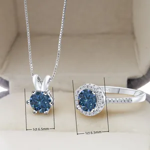 Parure de Bijoux en Argent Sterling 925 Moissanite Bague Halo Taille Ronde Et Collier Pour Femme Cadeau Anniversaire Élégant