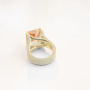 Luxurious 18K gold ring with large rectangle yellow moissanite and micro-pave diamonds