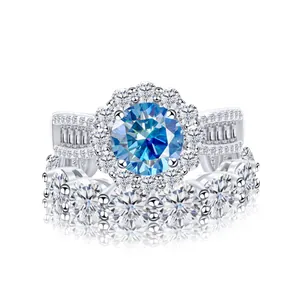 Luxury 925 silver bridal ring set with blue moissanite and halo diamond clusters