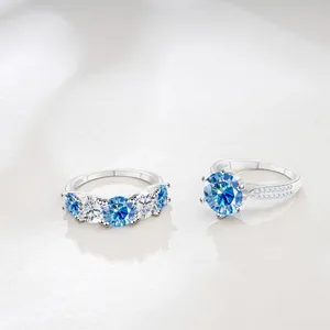 S925 sterling zilveren ring met D-kleur moissaniet stenen en ronde blauwe edelstenen