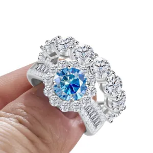 Luxury S925 silver moissanite ring set with blue center stone and side diamonds