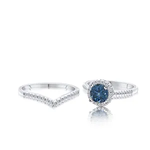 Set di anelli in argento 925 con moissanite blu e fascia a corona a forma di V chic