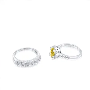 Set di Anelli in Argento Sterling 925 Moissanite di Lusso Per Donna Banda Halo Rotonda E Banda a Forma di V Gioielli da Matrimonio Regalo