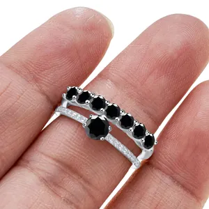 Elegant 925 sterling silver crown ring set with black round moissanite gemstones