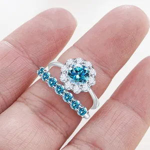 Sparkling S925 silver moissanite ring set with light blue round cut stones for women