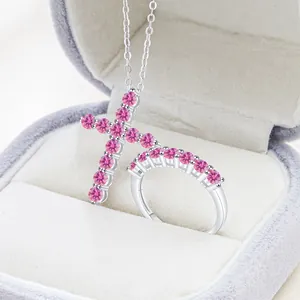 S925 sterling zilveren sieradenset met kruis ketting en roze moissaniet ring in doosje