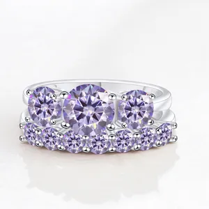 925 sterling zilveren ringenset met lavendelkleurige ronde stenen in drievoudig ontwerp