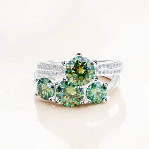 Conjunto de anillos de plata 925 con moissanita verde de 5 quilates y piedras de corte redondo
