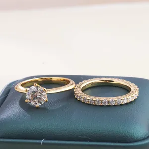 Σετ δαχτυλίδια moissanite από χρυσό ασήμι S925 με μονόπετρο και σειρέ σε κουτί