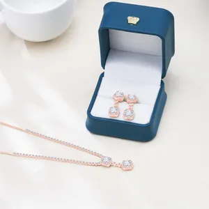Detailansicht eines Brautschmuck-Sets in Roségold mit Zirkonia in blauer Box