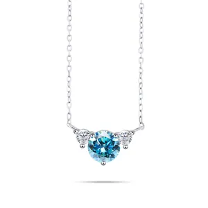 Halskette aus S925 Sterlingsilber mit drei Steinen und blauem Moissanit-Anhänger