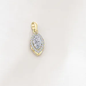 Macro detail of marquise-cut moissanite pendant with halo setting in rose gold finish