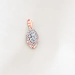 Close-up of marquise cut moissanite pendant in rose gold finish with halo diamond setting